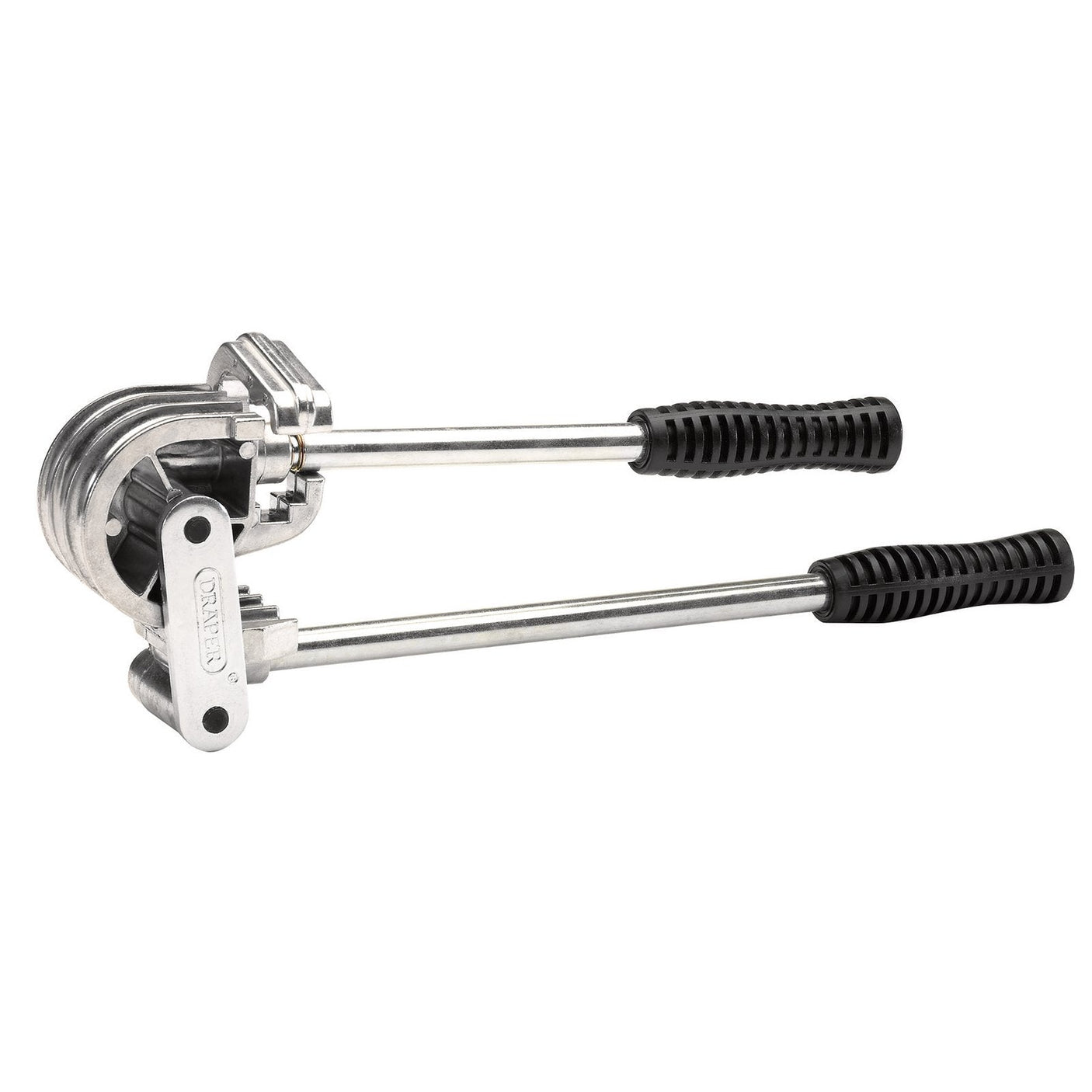 The Draper O/D Micro Tube Bender, 8, 10, 12mm - MTB by Draper is a manual metal pipe bender with two handles, featuring an anodized aluminium guide and a grooved bending mechanism designed for soft copper tubes.