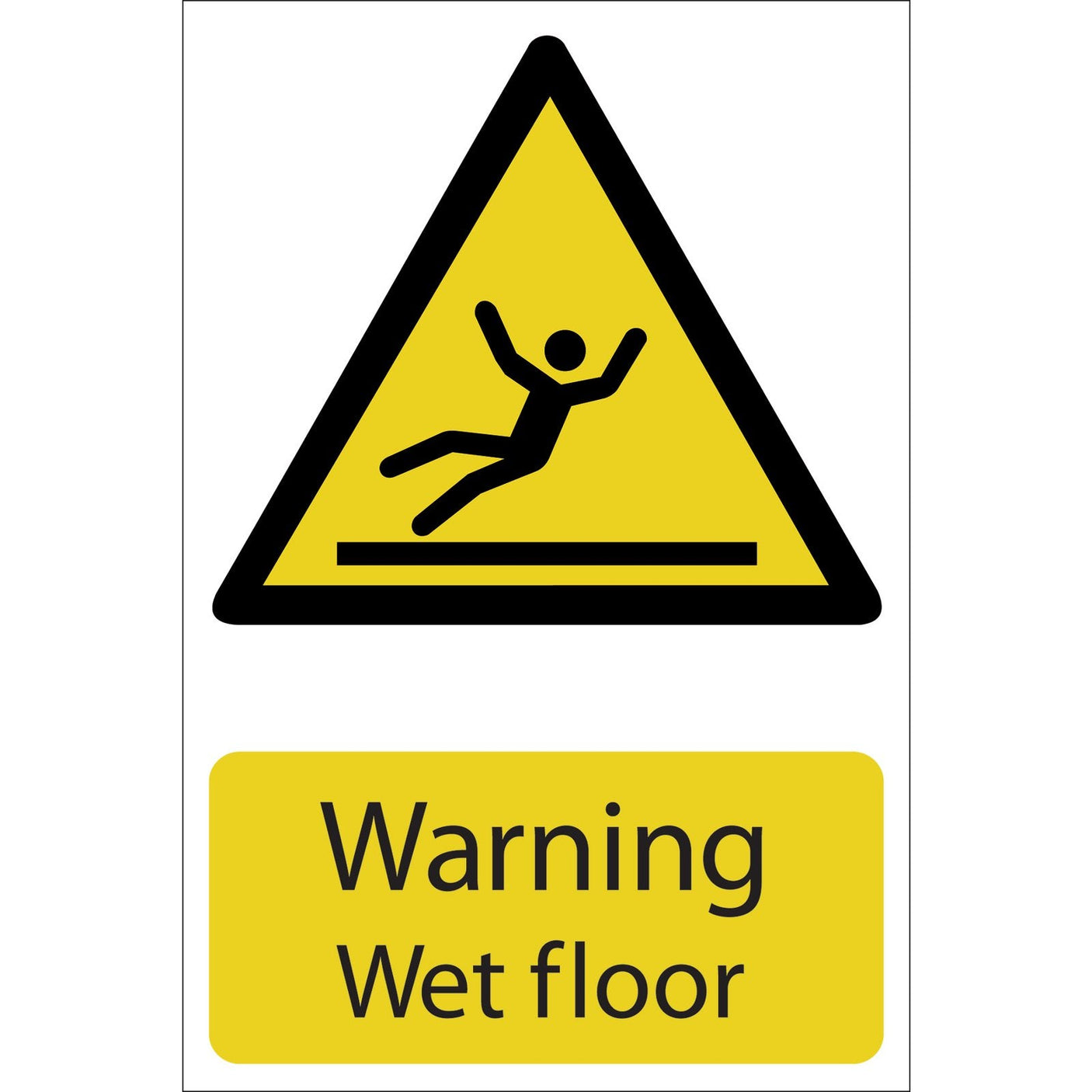 The Draper Warning Wet Floor - SS26 features a yellow triangular warning sign depicting a person slipping, with text below reading "Warning Wet Floor." Made from durable PVC and printed with UV-resistant ink to ensure longevity, it complies with BS5499 Standard.