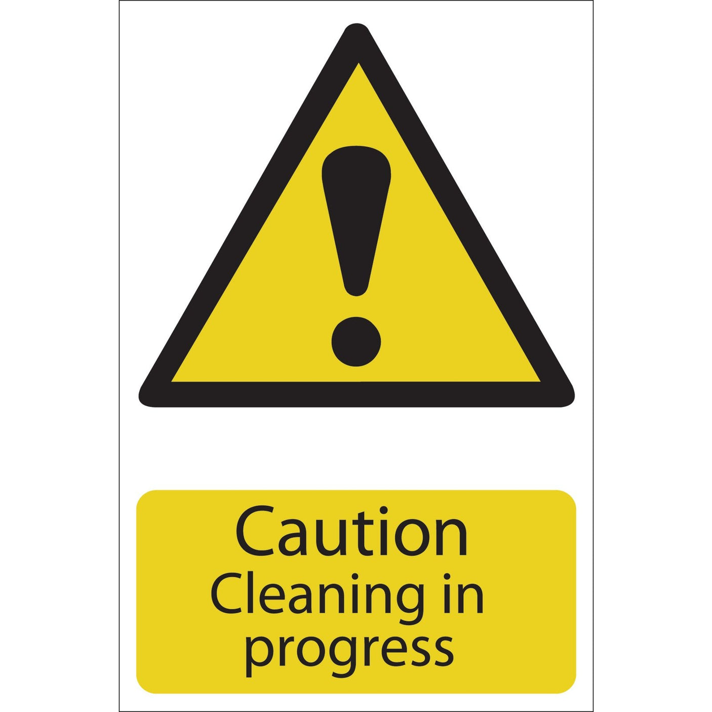 The Draper Caution Cleaning - SS27 is a yellow caution sign featuring an exclamation mark and the message "Caution Cleaning in Progress." It is constructed from durable PVC and printed with UV-resistant ink for long-lasting use, meeting the BS5499 Standard.