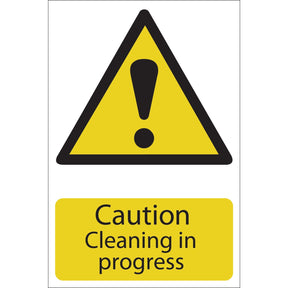 The Draper Caution Cleaning - SS27 is a yellow caution sign featuring an exclamation mark and the message "Caution Cleaning in Progress." It is constructed from durable PVC and printed with UV-resistant ink for long-lasting use, meeting the BS5499 Standard.