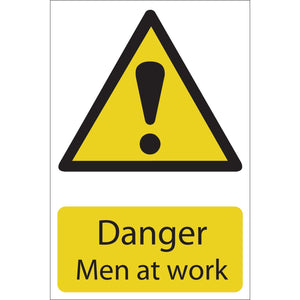 The Draper Danger Men At Work - SS28, a yellow PVC caution sign featuring a black exclamation mark inside a triangle above the text "Danger Men at Work," is printed with UV resistant ink to ensure durability and adherence to the BS5499 Standard.