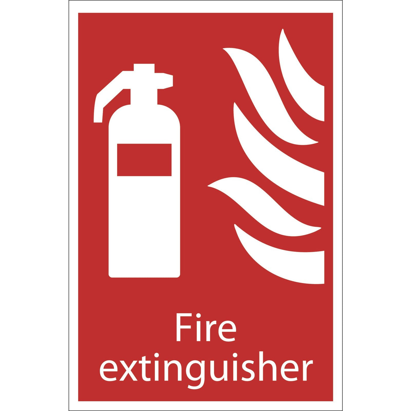 The Draper Fire Extinguisher' Fire Equipment Sign - SS29 is a red and white sign featuring a fire extinguisher icon and flame, with the text "Fire extinguisher" below. Made from durable PVC with a strong adhesive backing, this sign complies with the BS5499 standard for safety signage.