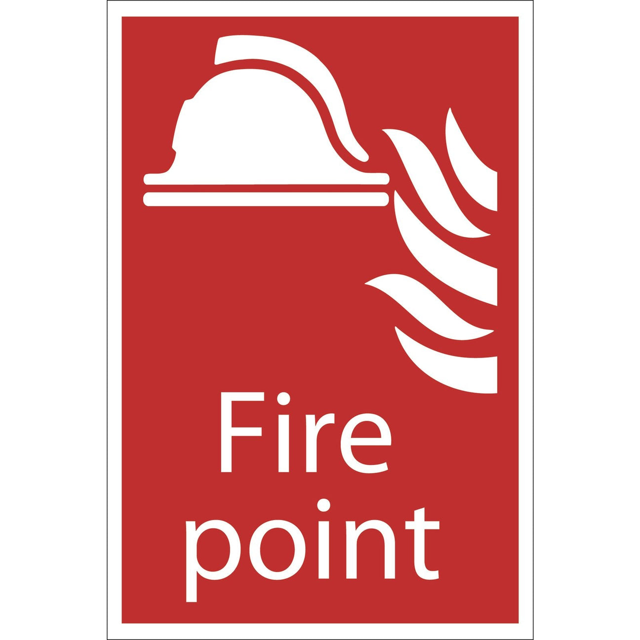 The Draper Fire Point - SS31, a red and white PVC sign featuring a fire helmet and flames along with the text "Fire point" below, is crafted using UV resistant ink in compliance with the BS5499 Standard.