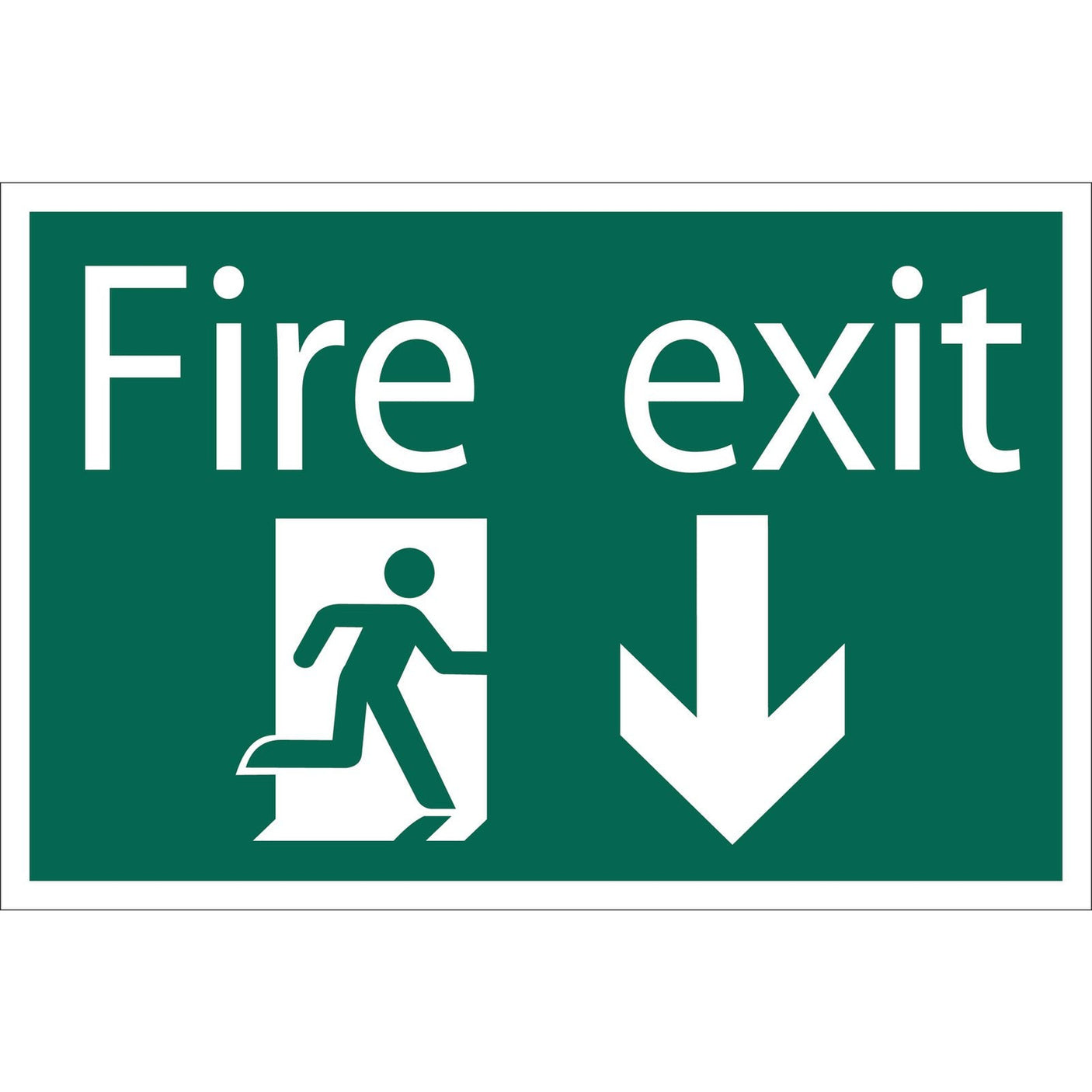 The Draper Fire Exit Arrow Down' Safety Sign - SS32, crafted from durable PVC with a running figure and an arrow pointing downward, is designed to be UV resistant. It features a strong adhesive backing for secure placement.