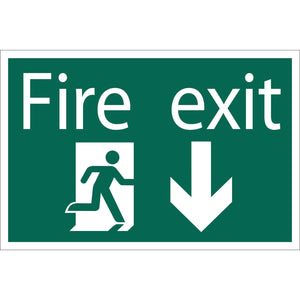 The Draper Fire Exit Arrow Down' Safety Sign - SS32, crafted from durable PVC with a running figure and an arrow pointing downward, is designed to be UV resistant. It features a strong adhesive backing for secure placement.