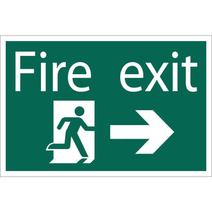 The Draper Fire Exit Arrow Right Safety Sign - SS33, by Draper, is a green fire exit sign made from durable PVC. It features a pictogram of a running person and a right-pointing arrow to indicate the direction of the exit route. The sign is printed with UV and fade-resistant ink for long-lasting clarity and complies with the BS5499 Standard.