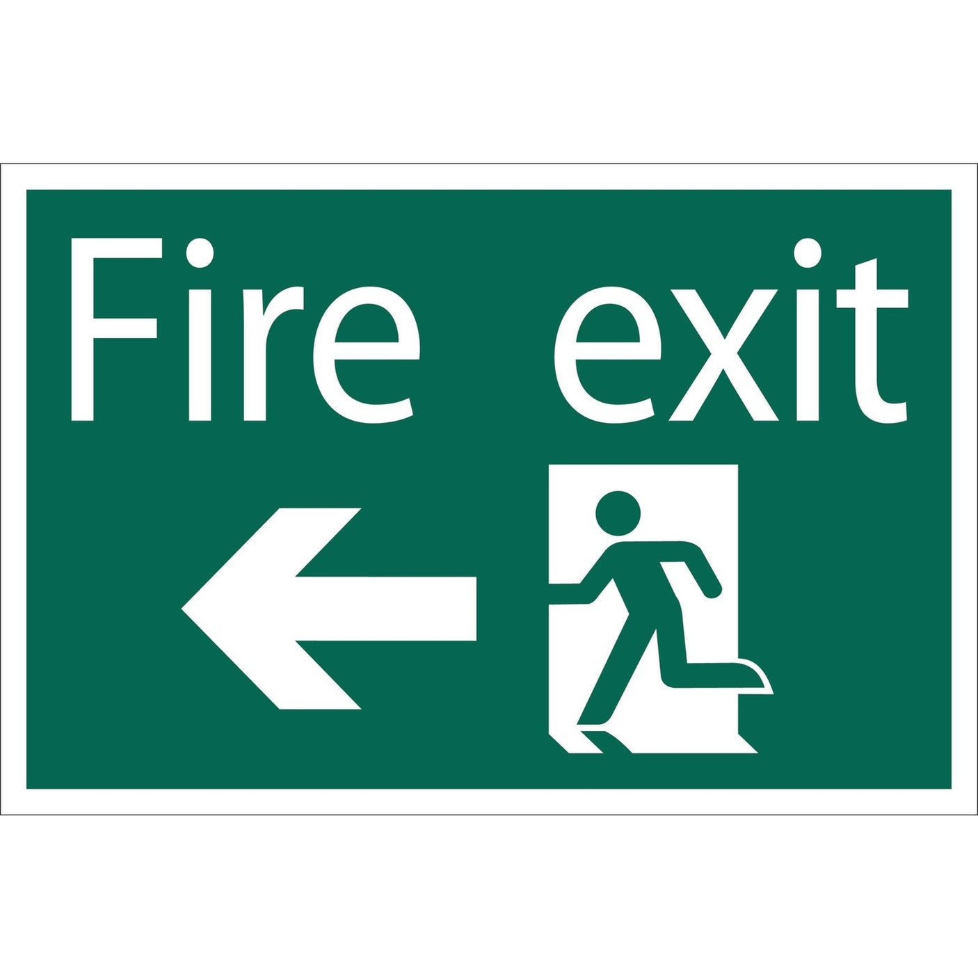 The Draper Fire Exit Arrow Left Safety Sign (SS34) features a green background with the text "Fire exit" and a leftward arrow. It is made from durable PVC and depicts a stick figure running towards a door in white, printed using UV resistant ink.