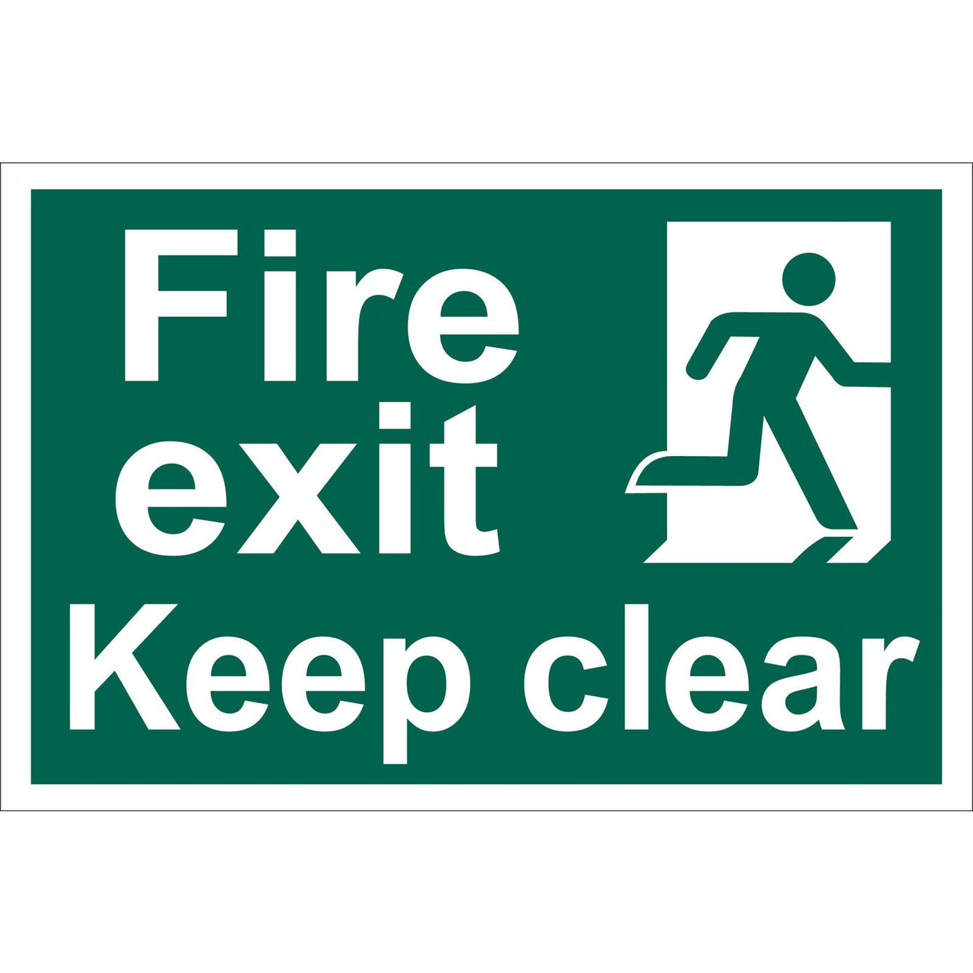 The Draper 'Fire Exit Keep Clear' Safety Sign, Design 1 - SS36, measures 300 x 200mm and depicts a person running through a door with the text "Fire exit Keep clear." This green and white sign is printed with UV resistant ink on durable PVC and features strong adhesive for secure placement.