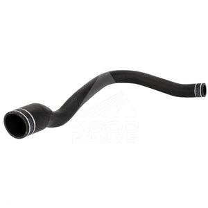 A black, flexible rubber hose with a bend, featuring metal-ringed openings on both ends. The AGCO Parts logo is faintly visible in the background. Ideal for Fendt Models like the 712-820 Vario series. Product Name: Fendt -Reducer - 725200090110, Brand Name: AGCO.