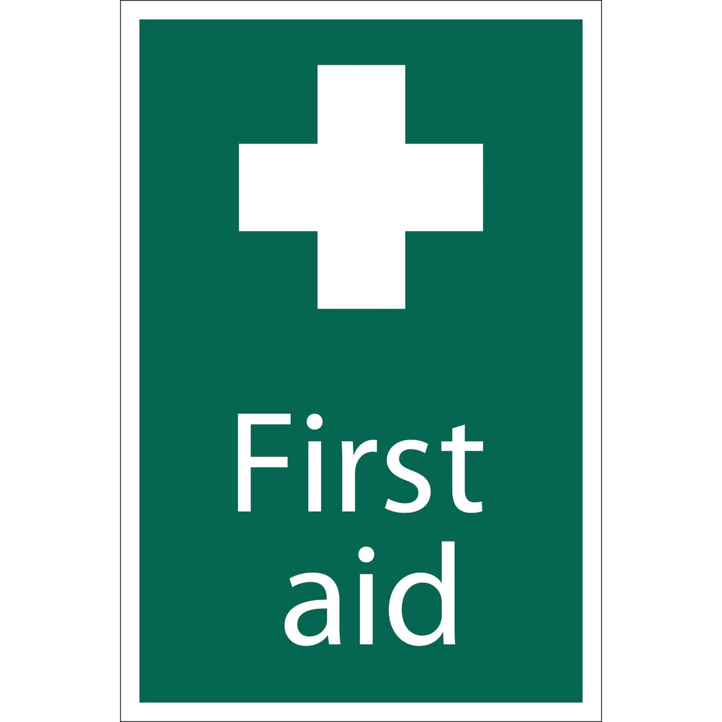 The Draper First Aid Safety Sign, measuring 200 x 300mm and made from UV-resistant PVC, features a green rectangular design with a white cross at the top and the words "First aid" below it.