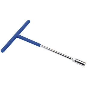 The Draper T Handle Socket Wrench, 12mm - THS/M boasts a blue handle and a chrome-plated shaft and socket, expertly crafted from durable chrome vanadium steel.