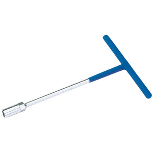 The Draper T Handle Socket Wrench, 14mm - THS/M, features a blue PVC dipped horizontal handle and a long vertical shaft ending in a hexagonal socket, specifically designed for hexagonal bolts.