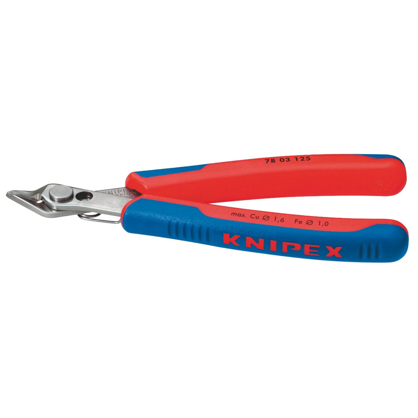 The Draper Knipex 78 03 125 Sbe Electronics Super Knips, measuring 125mm, features red and blue insulated handles. Crafted with precision ground cutting edges from INOX stainless steel and designed for cutting wire, these pliers comply with DIN ISO 9654 specifications, ensuring exceptional durability and performance.