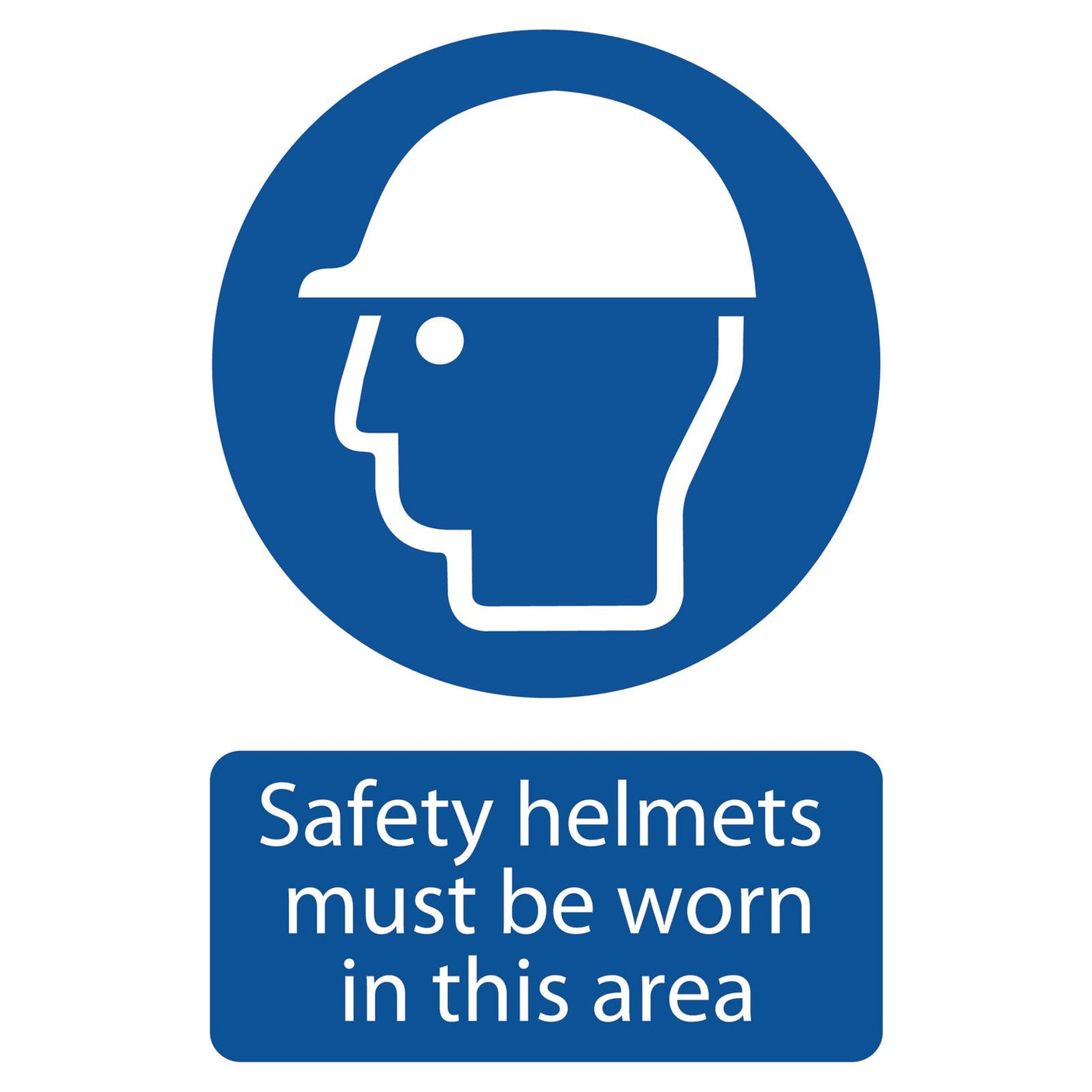 The Draper Safety Helmet Must Be Worn - SS48 sign, by Draper, features a blue safety design with a white head in a helmet icon and the printed message: "Safety helmets must be worn in this area," utilizing UV resistant ink.