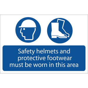 The Draper Safety Helmets And Protective Footwear Must Be Worn sign (SS49) is crafted from UV-resistant PVC to indicate that safety helmets and protective footwear are mandatory in the area.