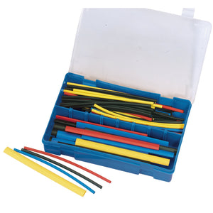 The Draper Heat Shrink Assortment (95 Piece) - HST95 is a blue plastic case containing a variety of colored heat shrink tubes in different sizes, specifically designed for automotive electrical connections. Displayed with the lid open and some tubing pieces laid out beside the case, this assortment is perfect for use with hot air guns.