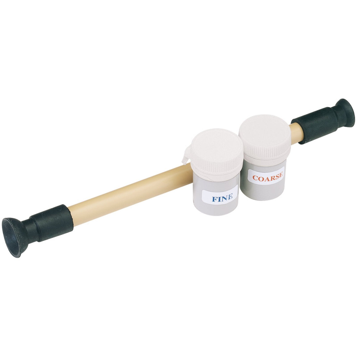 The Draper Valve Grinding Kit - 9902/P by Draper features a gold-colored rod with a recycled PVC shaft, attached to two small containers labeled "FINE" and "COARSE," each equipped with black rubber suction ends.