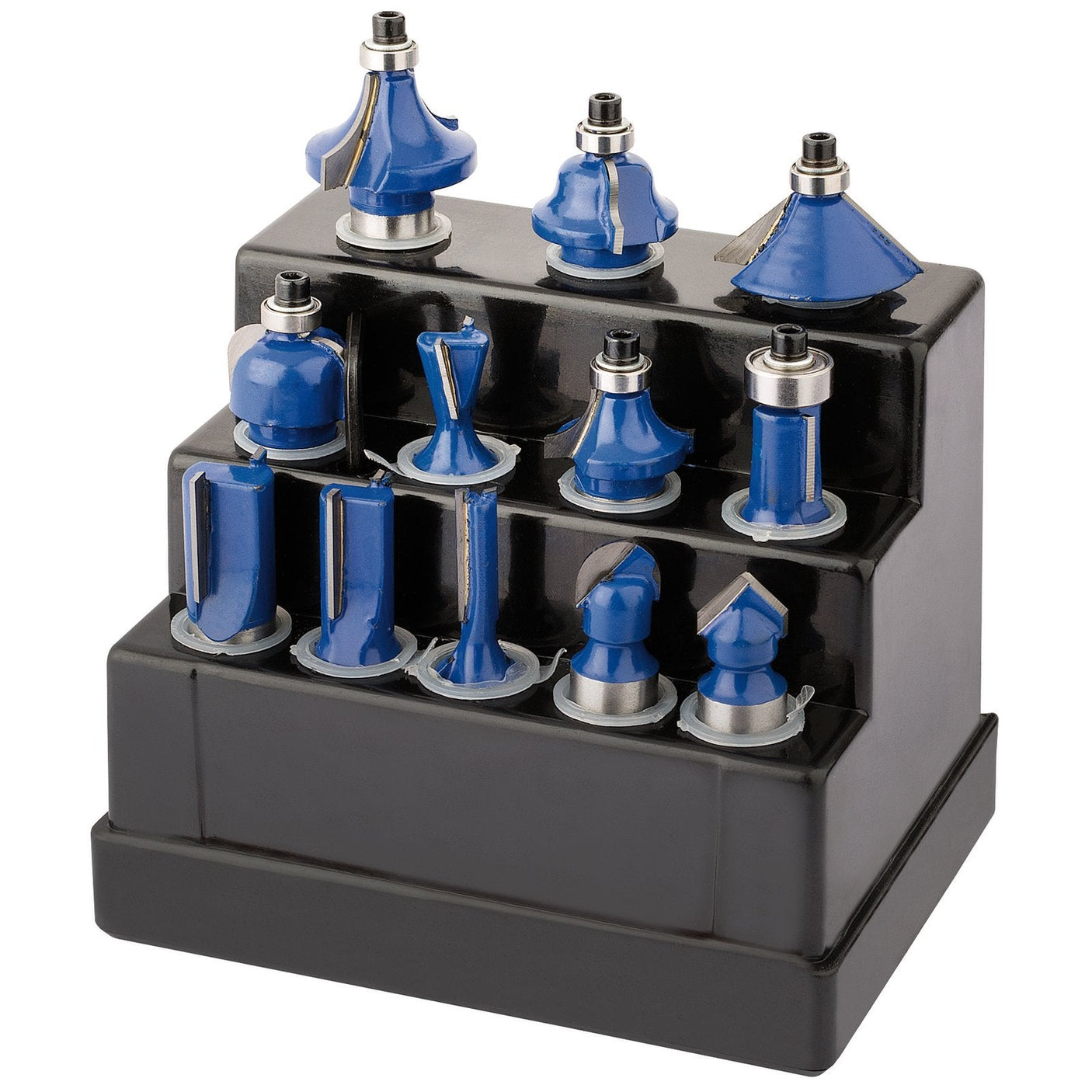 A set of Draper Tct Router Bits, 1/2" (12 Piece) - DRB12B with T.C.T. heads displayed in a black tiered case.