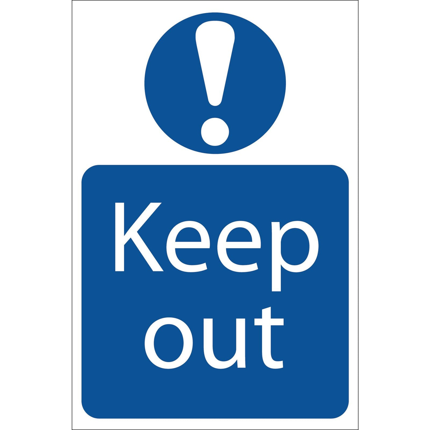 The Draper Keep Out' Mandatory Sign, 400 X 600mm - SS51 features a blue background with an exclamation mark icon above the text "Keep out." It is made from durable, UV-resistant PVC and comes with adhesive backing for easy installation.