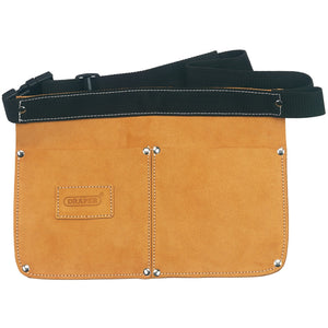 The Draper Double Pocket Nail Pouch - DNPA is made from split suede leather and features a tan color. It has two large front pockets, reinforced stitching, riveted corners, and an adjustable black strap. One pocket is labeled with the "Draper" brand name.

