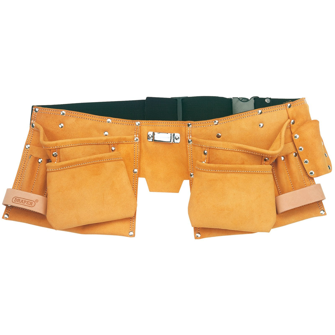 The Draper Double Leather Tool Belt - TP11A by Draper is a tan split suede leather tool belt featuring multiple pockets and compartments, green adjustable straps, and a quick-release buckle for easy fastening.