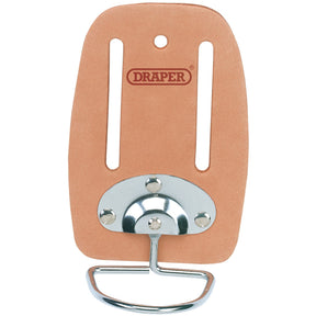 The Draper Swivelling Hammer Loop - SHLA is a top grain leather tool holder featuring a sturdy nickel-plated steel loop for hanging. It is branded with the "Draper" logo and reinforced with rivets to ensure added durability.