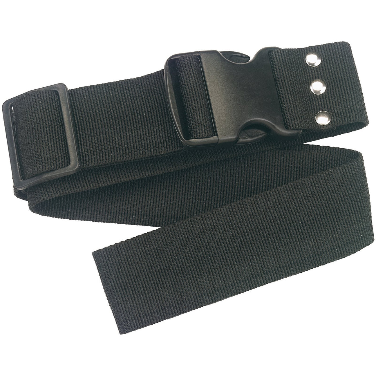 The Draper Polypropylene Webbing Belt - NBA, featuring a black nylon construction with a rectangular buckle and three metal rivets, is shown unfastened and coiled. It offers a fully adjustable fit, making it perfect for holding tool pouches from Draper.