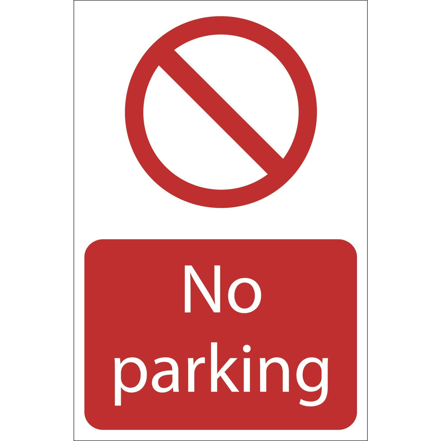 The Draper No Parking Prohibition Sign, model SS55, is a 400 x 600mm durable PVC sign featuring a red "No Parking" message on a white background. It includes a red circle and diagonal line, printed with UV-resistant ink to ensure longevity and clearly indicate that parking is not allowed.