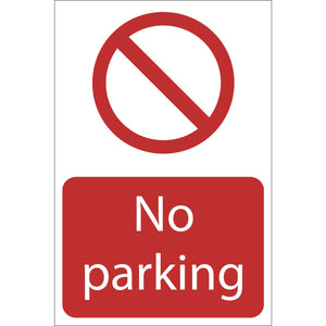 The Draper No Parking Prohibition Sign, model SS55, is a 400 x 600mm durable PVC sign featuring a red "No Parking" message on a white background. It includes a red circle and diagonal line, printed with UV-resistant ink to ensure longevity and clearly indicate that parking is not allowed.