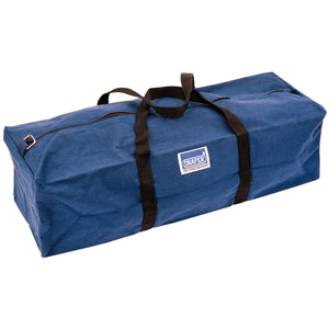 A large blue Draper Canvas Tool Bag (590mm - B519A), constructed from water-resistant canvas, featuring black wrap-around strap handles, a heavy-duty zip, and a white rectangular label with the brand name "Draper" on the side.