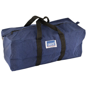 Introducing the Draper Canvas Tool Bag, 460 X 180 X 195mm - B519A. This blue rectangular bag features durable wrap-around strap handles and a heavy-duty zip closure. Made from water-resistant canvas, it proudly displays the "Draper" logo patch on the side.