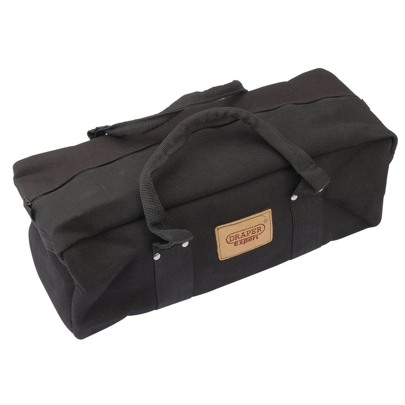 The Draper Expert Canvas Tool Bag, measuring 460 x 160 x 170mm, is a black water-repellent bag with two handles and a brown leather patch labeled "DRAPER EXPERT," featuring a durable nylon zip.