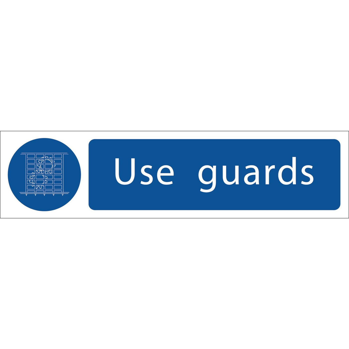 The Draper Use Guards - SS60, a blue and white safety sign made of UV-resistant PVC with a strong adhesive, features the text "Use guards" alongside an icon of a machine guard.