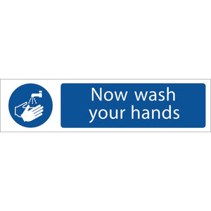 The Draper Wash Your Hands - SS62 sign by Draper is a blue, durable PVC sign featuring an icon of a hand under a faucet and the text "Now wash your hands." It is printed with UV-resistant ink in accordance with the BS5499 Standard.