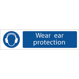 The Draper Ear Protection - SS63 by Draper is a safety sign made of durable PVC, featuring an icon of headphones and the text "Wear ear protection" in white on a blue background, and complies with the BS5499 Standard.