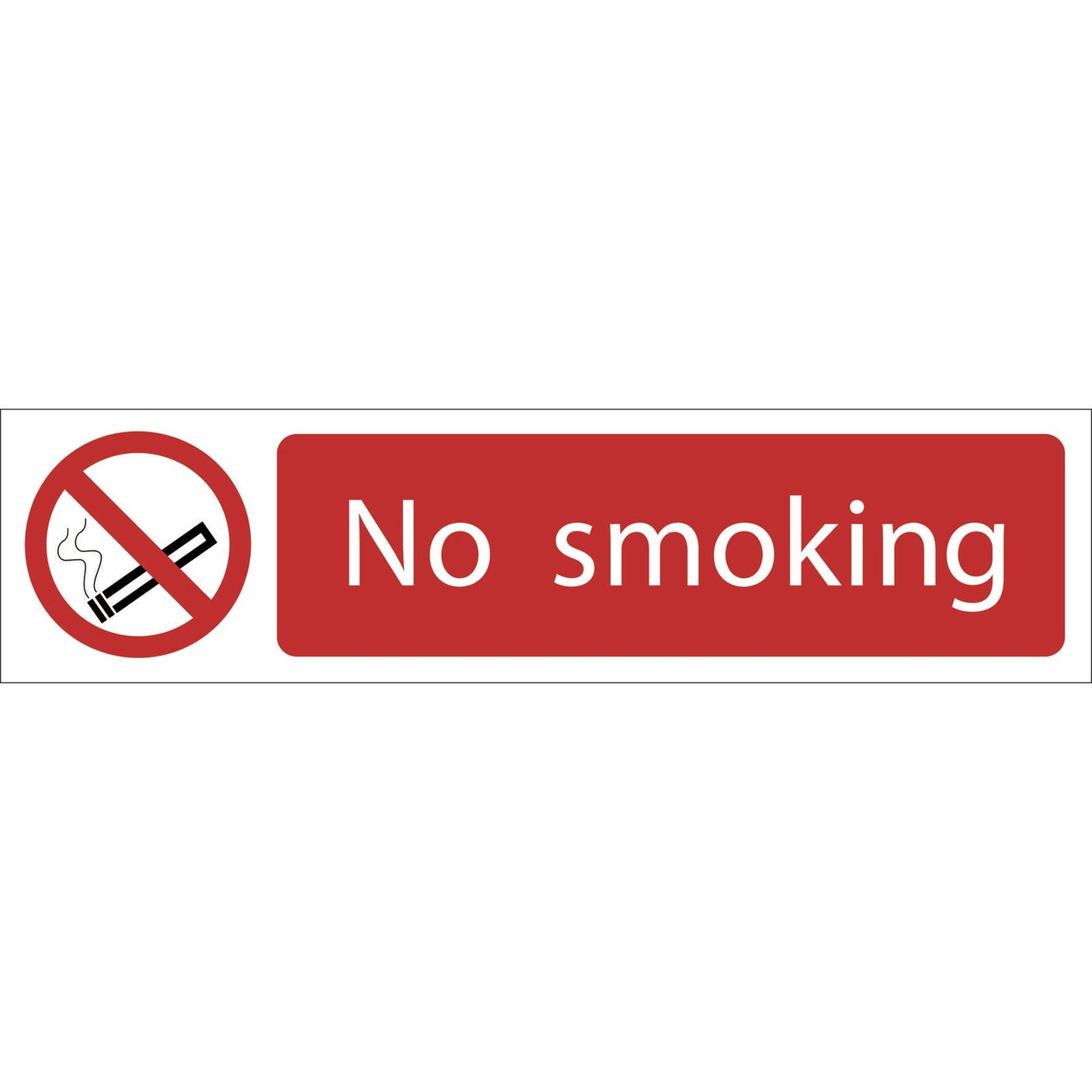 The Draper No Smoking Prohibition Sign, SS64, measures 200 x 50mm and features a red design with a crossed-out cigarette icon on the left. It's printed using UV-resistant ink for long-lasting durability and is made from sturdy PVC material with a strong adhesive backing.