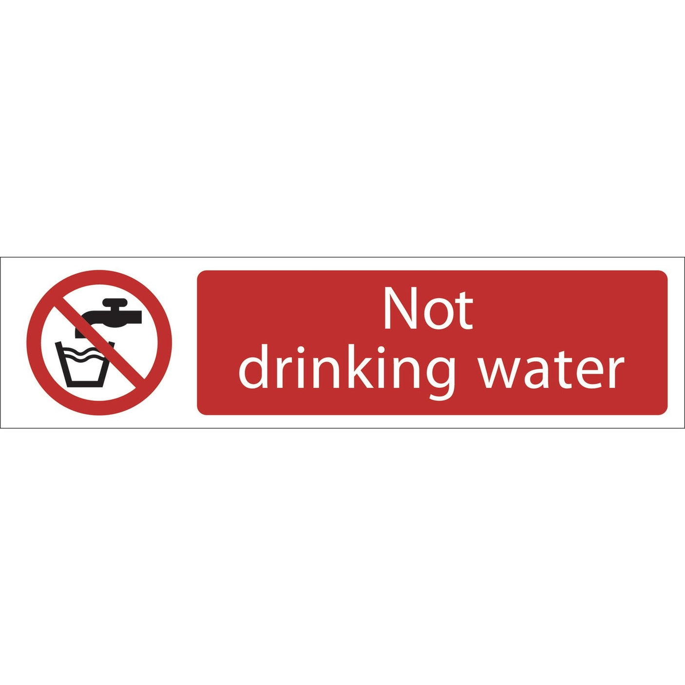 The Draper Not Drinking Water - SS65 sign features a red and white design with a crossed-out tap and glass icon, along with the text "Not drinking water." It is printed using UV-resistant ink for enhanced durability and adheres to the BS5499 Standard. The sign has a PVC adhesive backing for easy application.