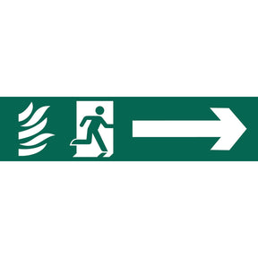 The Draper Running Man Arrow Right - SS68 is a durable PVC green emergency fire exit sign, featuring a running person, flames, and a right-pointing arrow to indicate the exit direction. It complies with the BS5499 Standard for safety signs.