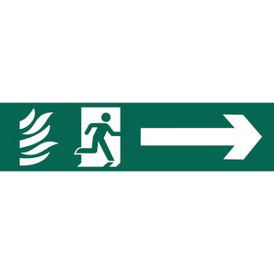 The Draper Running Man Arrow Right - SS68 is a durable PVC green emergency fire exit sign, featuring a running person, flames, and a right-pointing arrow to indicate the exit direction. It complies with the BS5499 Standard for safety signs.