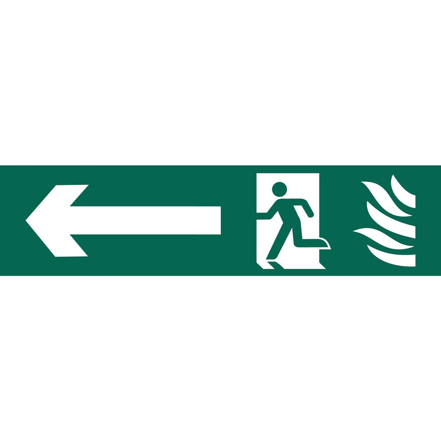 The Draper Running Man Arrow Left - SS69, an emergency exit sign by Draper, features a durable PVC material and a green and white design with a left arrow pointing towards a figure running through a door with flames.