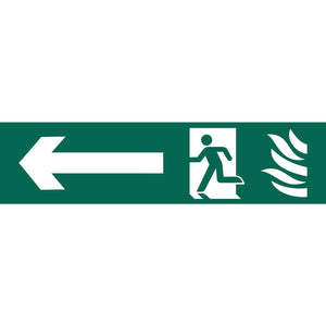 The Draper Running Man Arrow Left - SS69, an emergency exit sign by Draper, features a durable PVC material and a green and white design with a left arrow pointing towards a figure running through a door with flames.