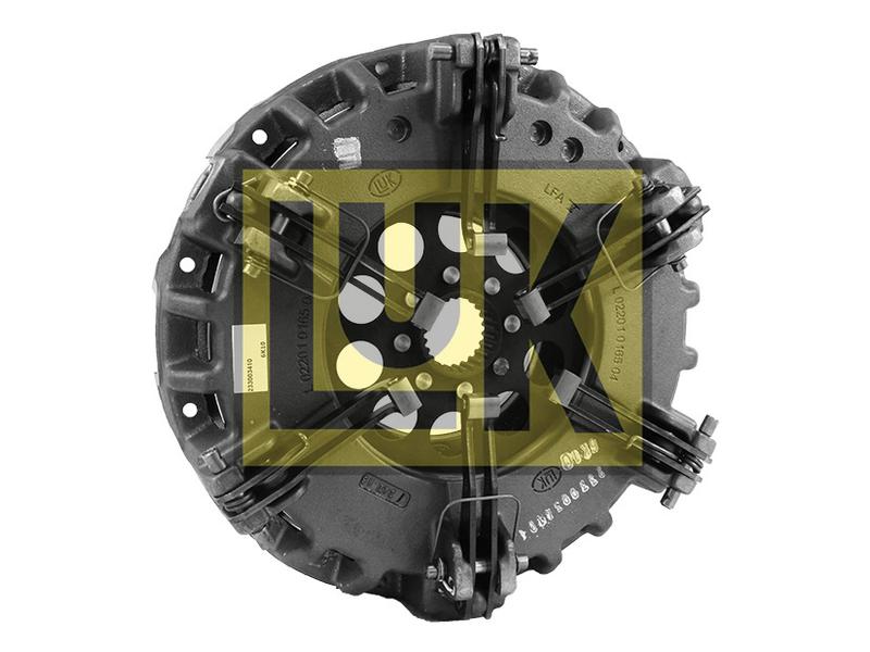 A round, black metal automotive part is displayed from above, showcasing a yellow "LUK" logo. This component, identified as the Clutch Cover Assembly (Sparex Part Number: S.73173), features several bolts and holes and seems to include a dual cover with a durable design that likely incorporates a cerametallic captive disc for enhanced longevity.