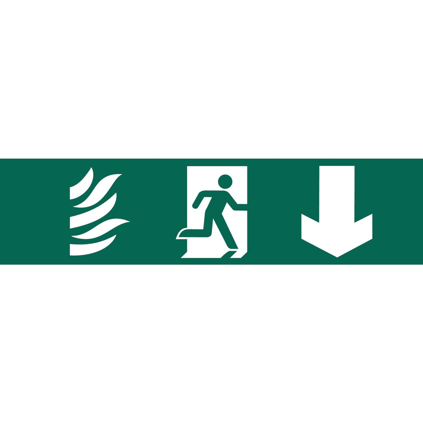 The Draper Running Man Arrow Down - SS70 is a green emergency exit sign made of durable PVC, featuring flames, a running figure, and a downward-pointing arrow. It is printed with UV-resistant ink for longevity.