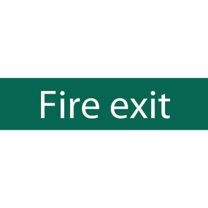 The Draper Fire Exit Safety Sign, measuring 200 x 50mm (SS71), is made from durable PVC and features "Fire exit" in white letters, printed using UV-resistant ink.