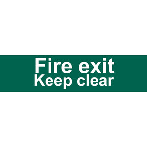 The Draper 'Fire Exit Keep Clear' Safety Sign, 200 x 50mm - SS72, is a green and white PVC sign designed with UV-resistant material for durability.