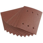 A stack of Draper Ten 115 x 145mm Aluminium Oxide Sanding Sheets, perfect for 1/4 sheet sanders, with four holes each, displayed in a fanned-out arrangement. The assorted pack features 80 grit grade for different sanding needs.