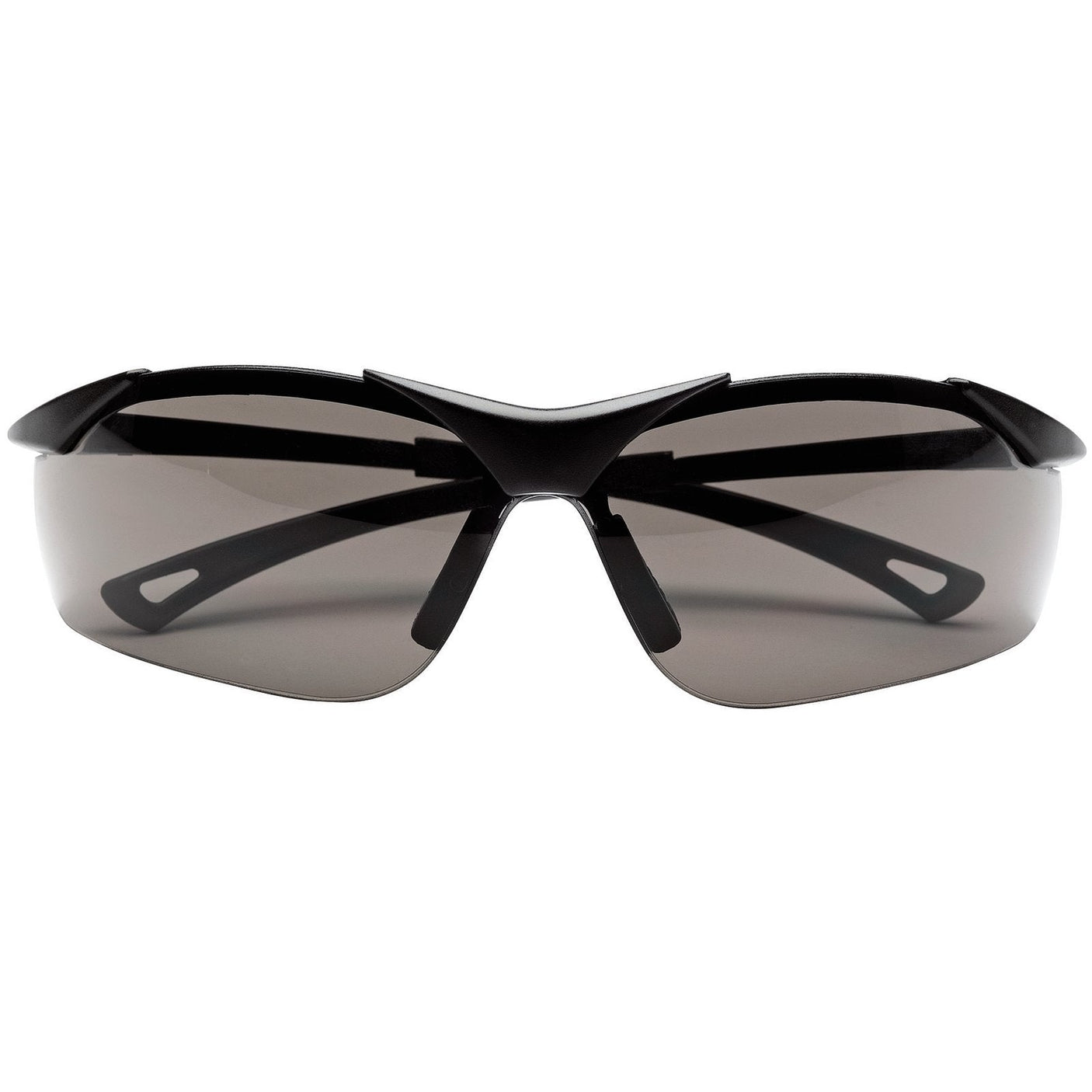 The Draper Smoked Anti-Mist Adjustable Glasses - SSP14 by Draper are a pair of dark-tinted, wrap-around safety glasses with black frames viewed from the front, featuring scratch-resistant lenses that meet EN166 1 FT specifications.