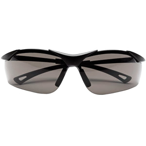 The Draper Smoked Anti-Mist Adjustable Glasses - SSP14 by Draper are a pair of dark-tinted, wrap-around safety glasses with black frames viewed from the front, featuring scratch-resistant lenses that meet EN166 1 FT specifications.