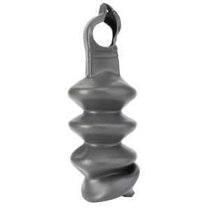 The Fendt - Bellows - 737921020010 by AGCO is a dark gray, accordion-shaped latex toy with a loop handle at the top, ideal for pet play or training. Fitment information ensures it suits various dog breeds and sizes.