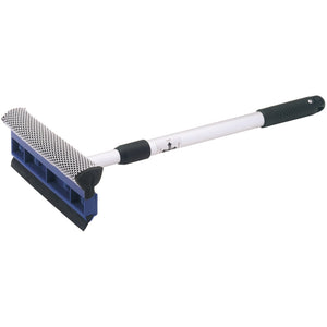 The Draper Wide Telescopic Squeegee And Sponge, 200mm - WB2, features a combination squeegee with a 200mm neoprene rubber blade and a foam sponge. The black squeegee and white sponge are seated on a blue holder, and the metal handle has a twist and lock mechanism with a black rubber grip at the end.